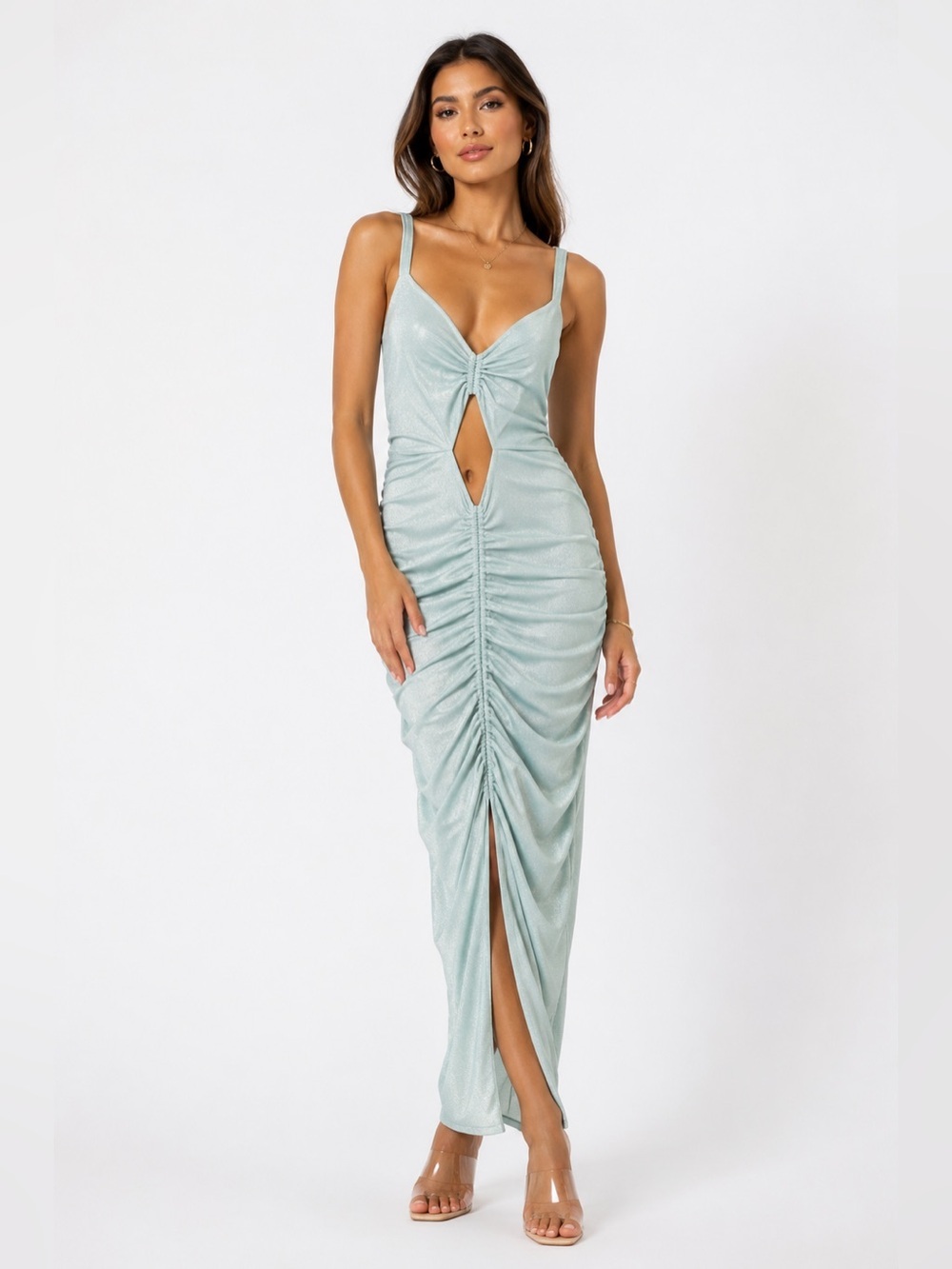 Mint Blue Shimmer Ruched Cutout Maxi Dress